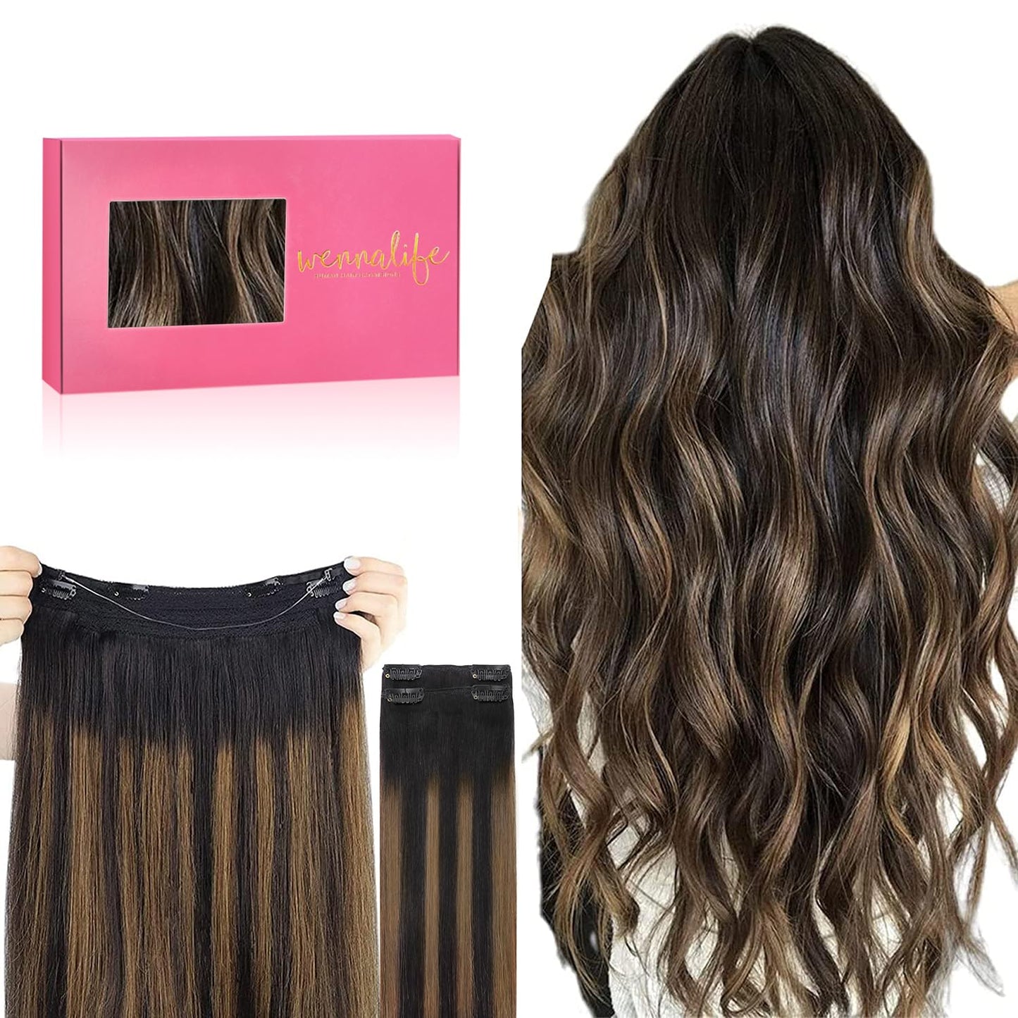 WENNALIFE Wire Hair Extensions (Increase 50% Lifespan) Real Human Hair 22 inch 150g Balayage Natural Black to Chestnut Brown Rem