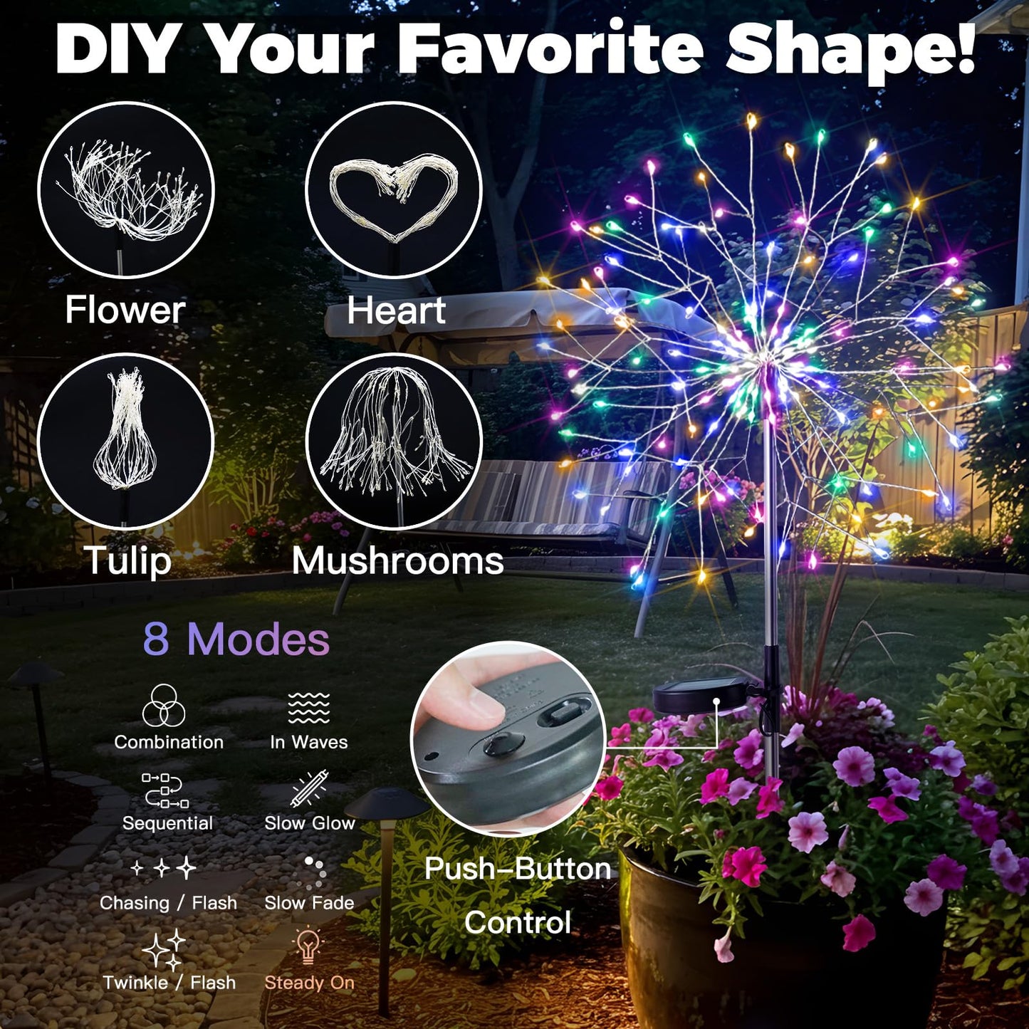 suddus Solar Garden Lights - 150LED Waterproof Firework Lights, 8 Modes, 2 Pack, Multicolor