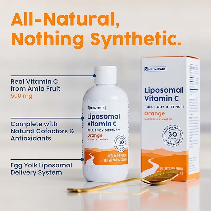 NativePath Liposomal Vitamin C with Amla Extract - 500mg Natural Vitamin C, Egg Lecithin, Orange Flavor, 30 Servings