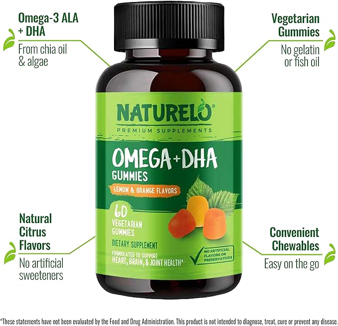 NATURELO Vegetarian DHA and Omega 3 Supplement from Algae and Chia Seed Oil for Heart, Brain and Joint Health - No Fish, Gelatin, or Artificial Sweeteners - 60 Gummies