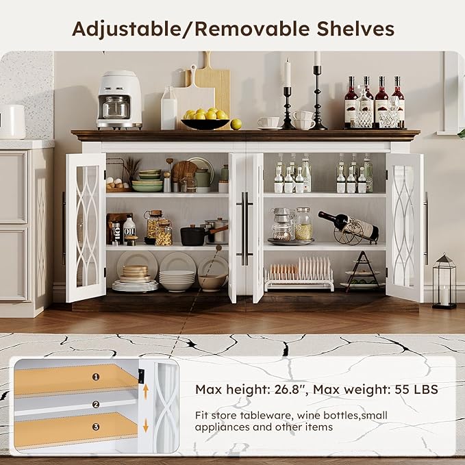 60 inch Farmhouse Buffet Sideboard Cabinet with 4 Glass Doors, Coffee Wine Bar Storage Cabinet, Buffet Table with Adjustable Shelves for Dining Room, Kitchen, Living Room