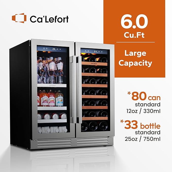 Ca'Lefort 30 Inch Wine and Beverage Refrigerator, 80 Cans 30 Bottles Dual Zone Cooler with Glass Door, 3 LED Built-in Compressor Fridge with Adjustable Shelves for Home Office Bar (6.0 cu.ft)