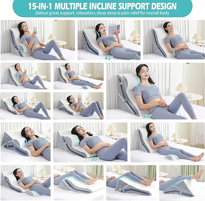 Wedge Pillow for Sleeping, Orthopedic Bed Wedge Pillow Set, 15-in-1 Adjustable Memory Foam Wedge Pillow Post Surgery, 9 &16 & 20 inches Height 3-in-1 Incline Pillows Wedges for Back Pain/Acid Reflux