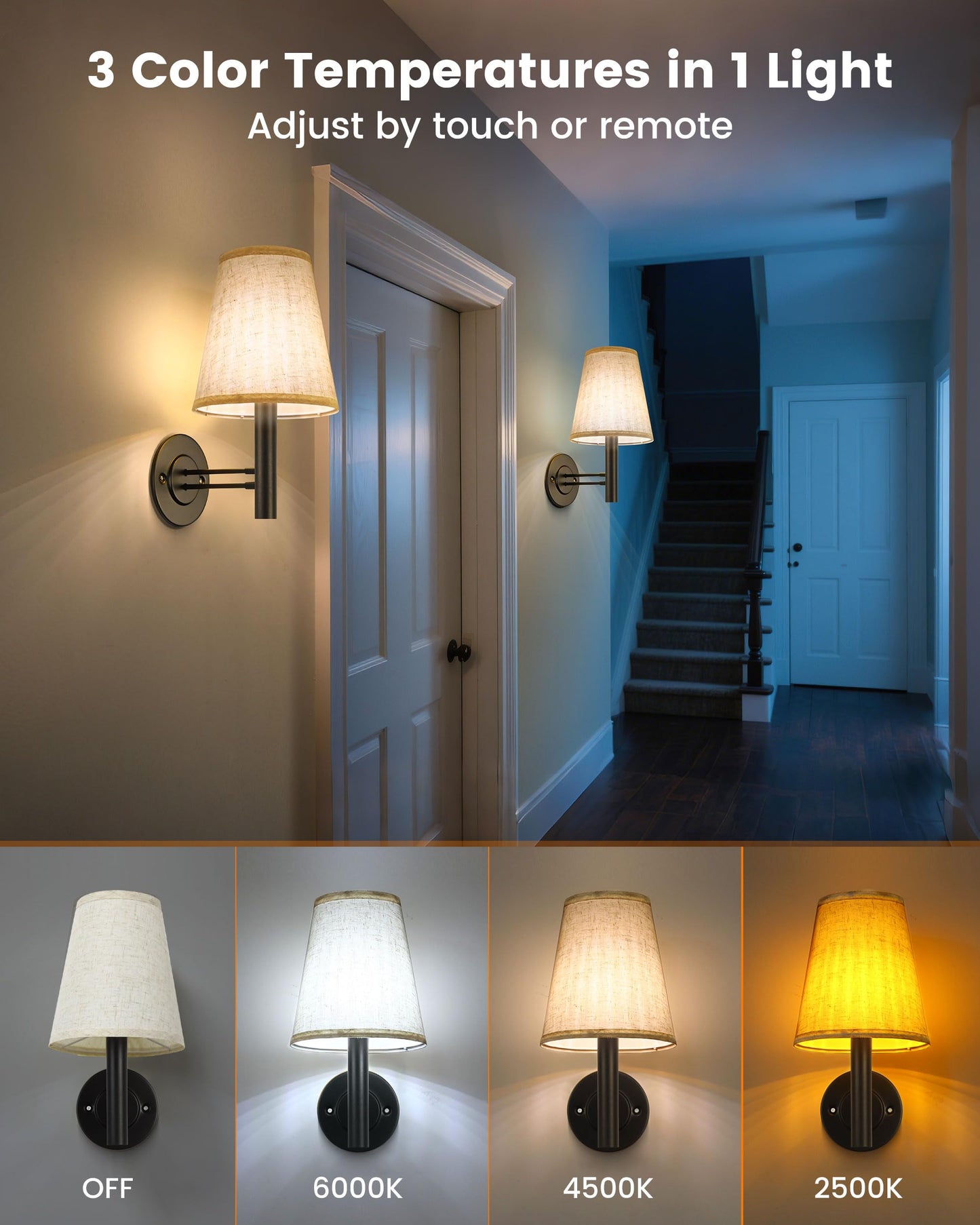 TECOMLIGHT Wireless LED Wall Sconce Set of 2, Rechargeable, Remote & Touch Control, Matte Black, Model TWS-002