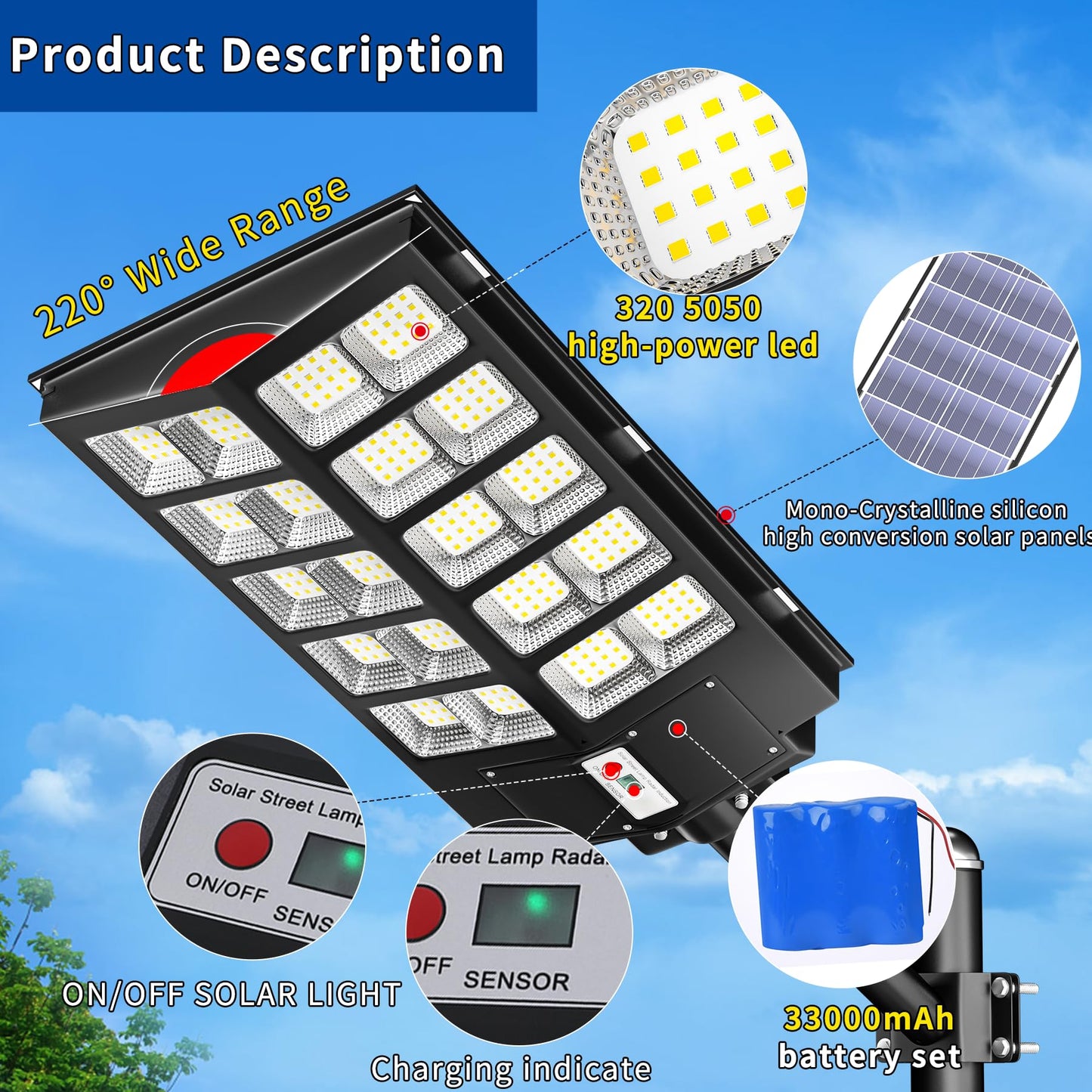 Ofuray Solar Street Lights - 400000Lm, 6000W, Black, Waterproof LED, Remote Control, Model Of-6000W