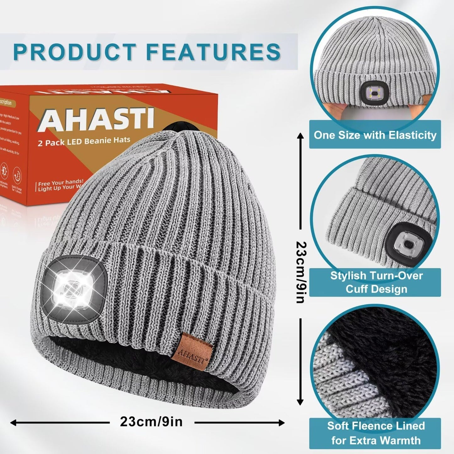 AHASTI Beanie with Light, 2 Pack, Rechargeable Knitted Caps, One Size, Black & Light Gray, Model ZH-201