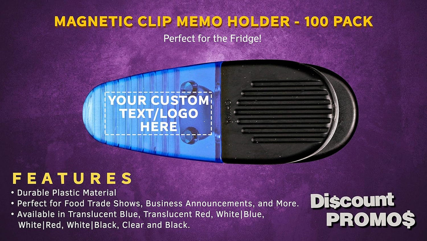 100 Magnetic Memo Holders Set - Customizable Text, Logo - Large Clip, Plastic - TBlue