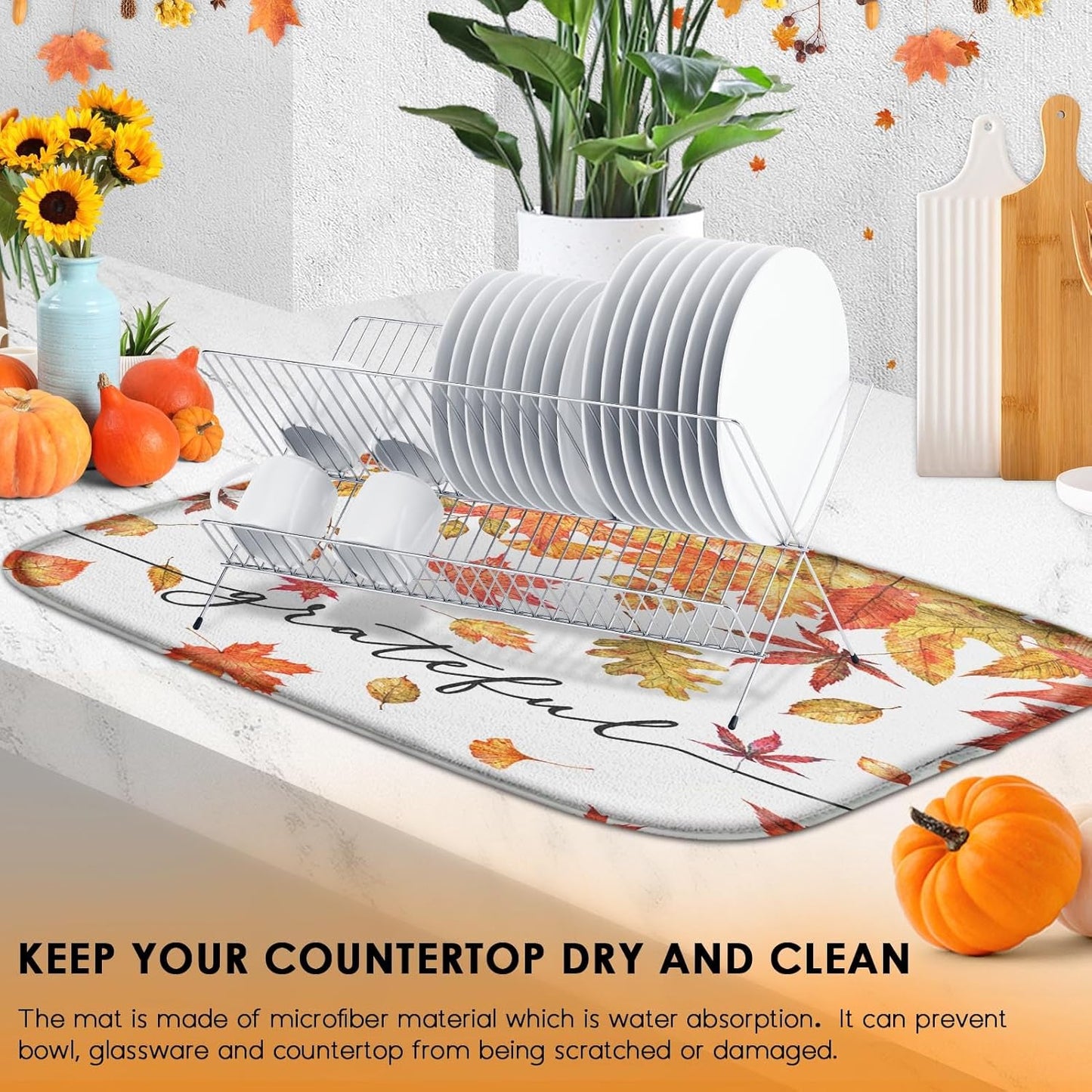 Sanwarm Absorbent Dish Drying Mat, Autumn Fall Leaves Microfiber Pad for Kitchen Counter, Thanksgiving Grateful for Coffee Bar Decor, Heat Resistant and Reversible, 16" x 18"