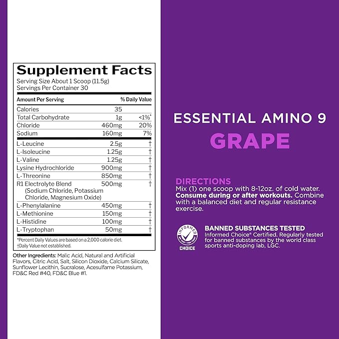 Rule 1 Essential Amino 9 – Recovery & Hydration Support with 7.5g of Essential Amino Acids + Electrolytes (Grape, 30 Servings)