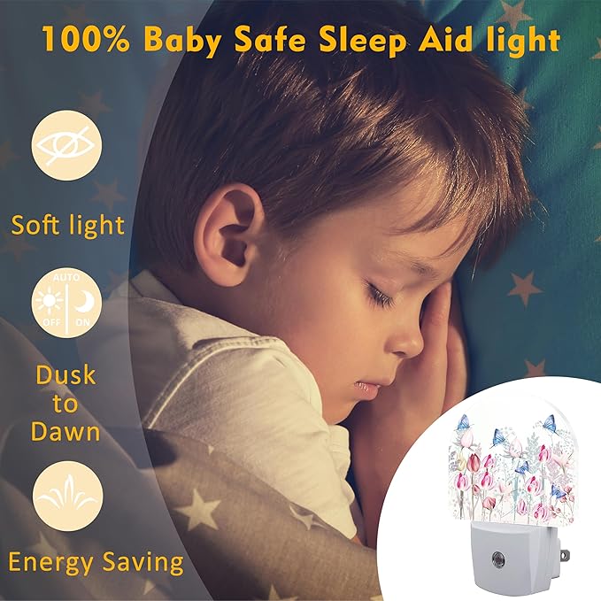 Pink Tulip Flowers and Butterflies Night Light Plug into Wall,Watercolor Spring Floral Dusk to Dawn Night Light Plug in,0.5w Energy Saving Sleep Friendly NightLight for Kids Boys Girls Home Decor