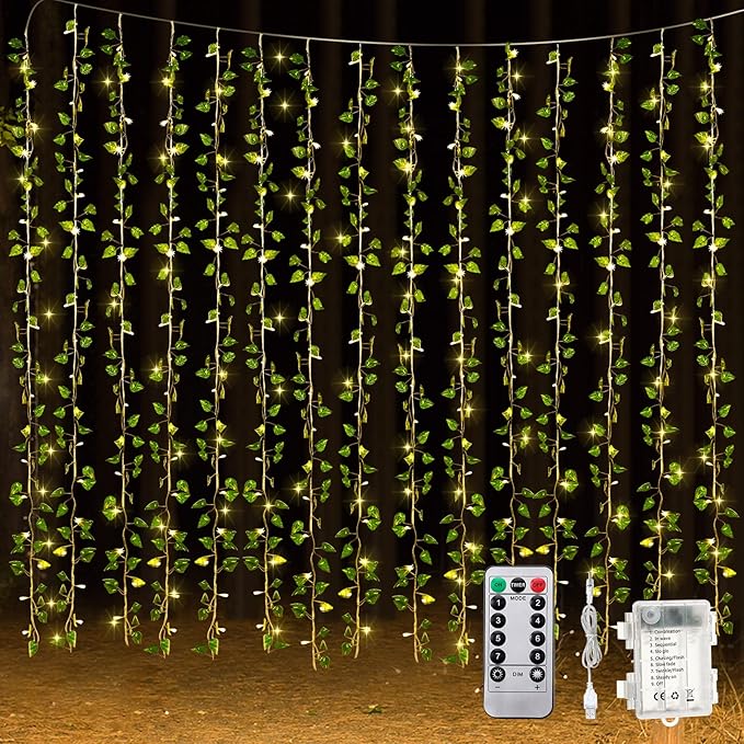 Unittype 15 Pcs 6.6 ft 300 LED Fake Ivy Vines Window Curtain String Light for Bedroom, Artificial Hanging Ivy Vines Plant ...
