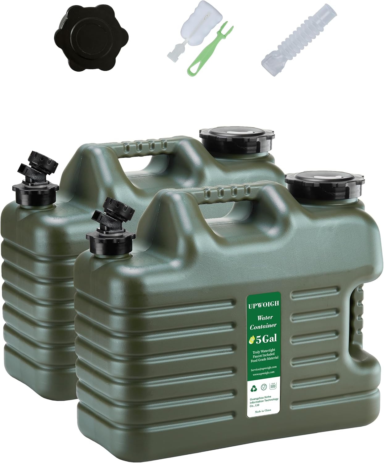 UPWOIGH 5 Gallon Water Jug Set of 2, Camping Water Container, Truly No Leakage Water Storage, Large Military Green Water Tank,BPA Free Portable Emergency Overlanding Gear for Outdoors Hiking