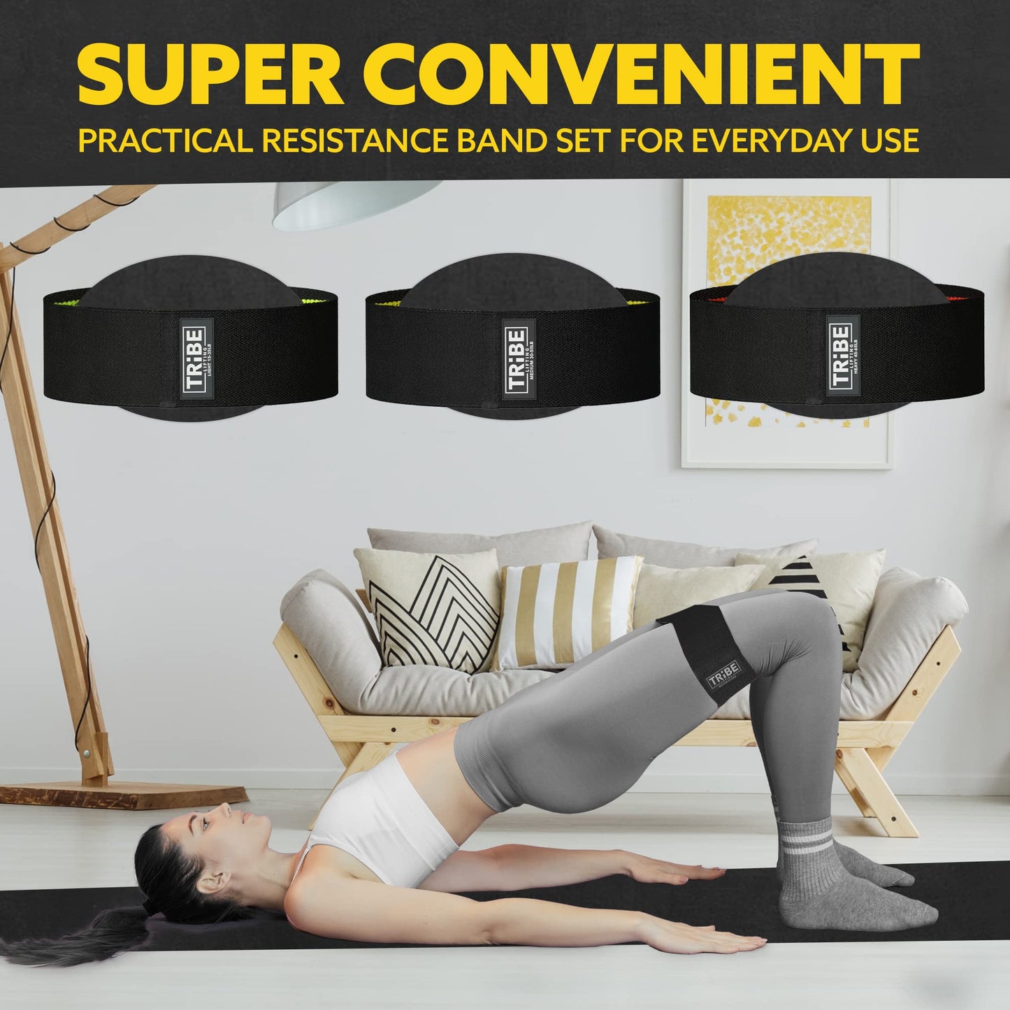 Tribe Lifting Fabric Resistance Bands for Exercise - Hip Bands for Working Out Legs, Glutes, Knees and Thighs for Men and Women - Cloth Circle Booty Bands for Physical Therapy (Black)