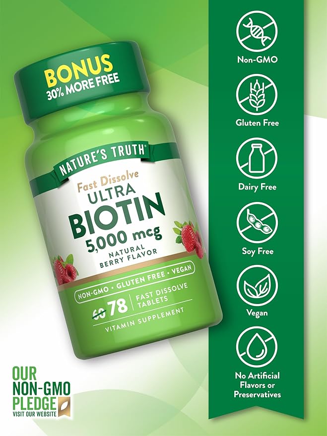 Nature's Truth Biotin 5000mcg | 78 Fast Dissolve Tablets | Natural Berry Flavor | Vegan, Non-GMO, Gluten Free