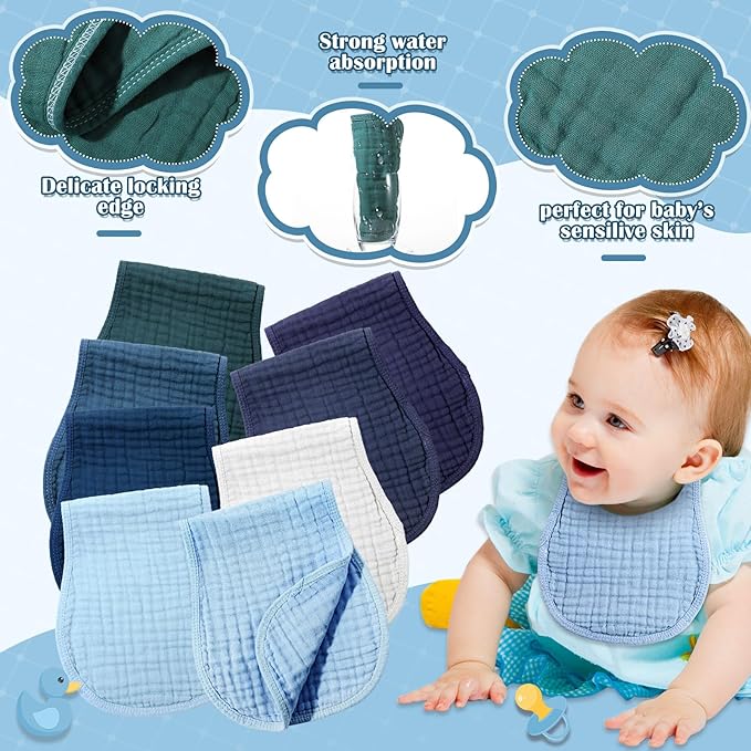 Frienda 8 Pieces Muslin Burp Cloths for Baby Cotton Burp Cloth 10 x 20 Inches Multi Colors Muslin Washcloths Diapers 4 Absorbent Layers Newborn Face Towels for Baby Boy Girl Unisex (Blue Series)