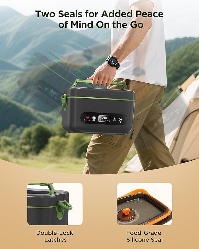 Cordless Electric Lunch Box for Adults：20000mAh Rechargeable Heated Lunch Box with Self Heating & 1.2L Portable Food Warmer for Work Travel Car(Gray-Green)