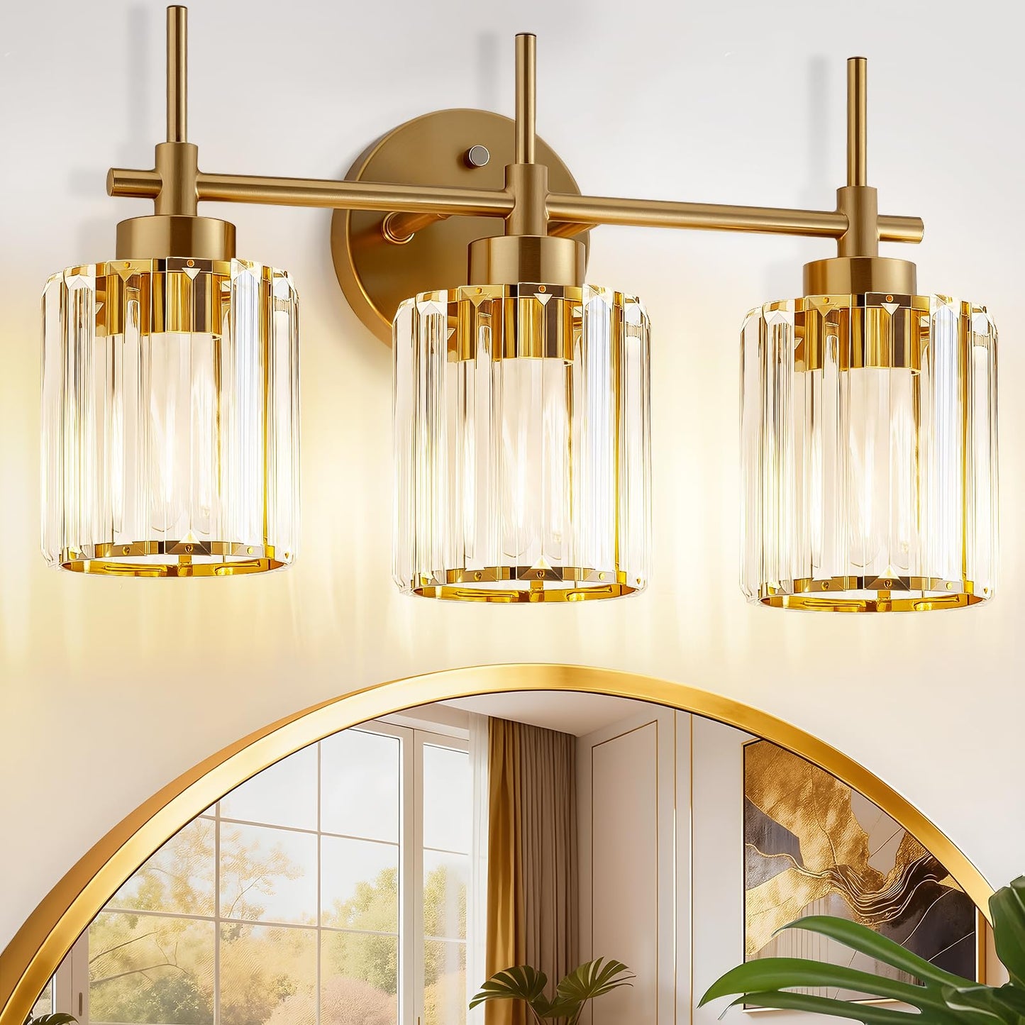 EJIAXIN Bathroom Lighting Fixtures, 3 Light Gold Bathroom Light Fixtures with Clear Shades Modern Crystal Vanity Light Bath Room Vanity Lighting Over Mirror Wall Light