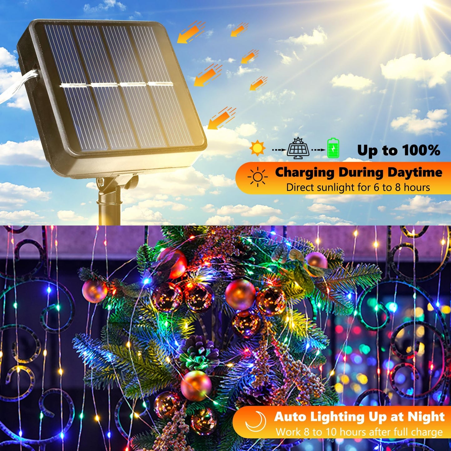 Joomer Solar Fairy Lights, 104FT, 320LED, Waterproof, 8 Lighting Modes, Model SSM0080-S-2V, Multicolor