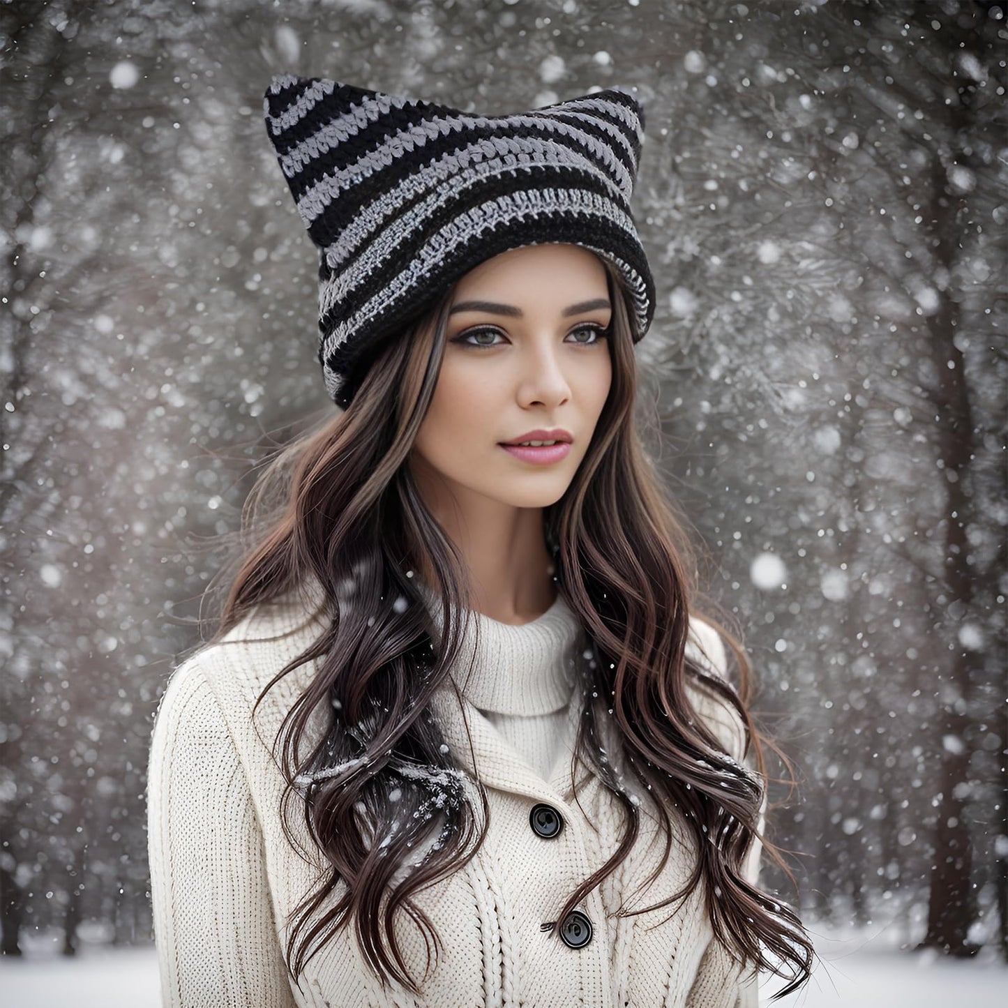 hoyuwak Crochet Cat Ear Beanie Hat Stripes Goth Knit Striped Winter Warm Cap for Men Women Festival Holiday Christmas (US, Alpha, One Size, Black and Gray Stripes)