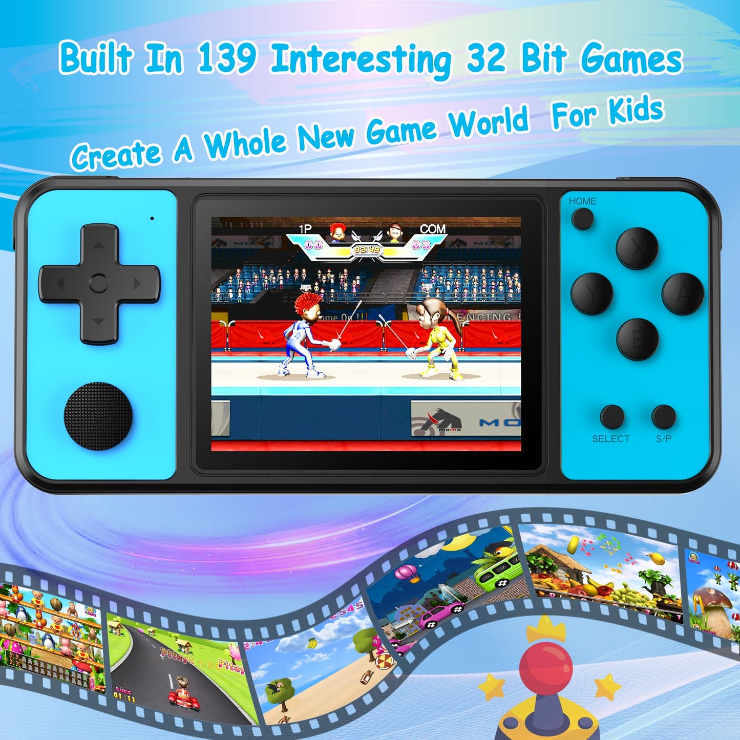 TEBIYOU 32 Bit Handheld Games for Kids Built-in 139 Video Games, 3.0" IPS Screen Rechargeable Travel Toys for Ages 4-13, Mini Electronic Gaming Player Xmas Birthday Gifts for Boys Girls (Blue)