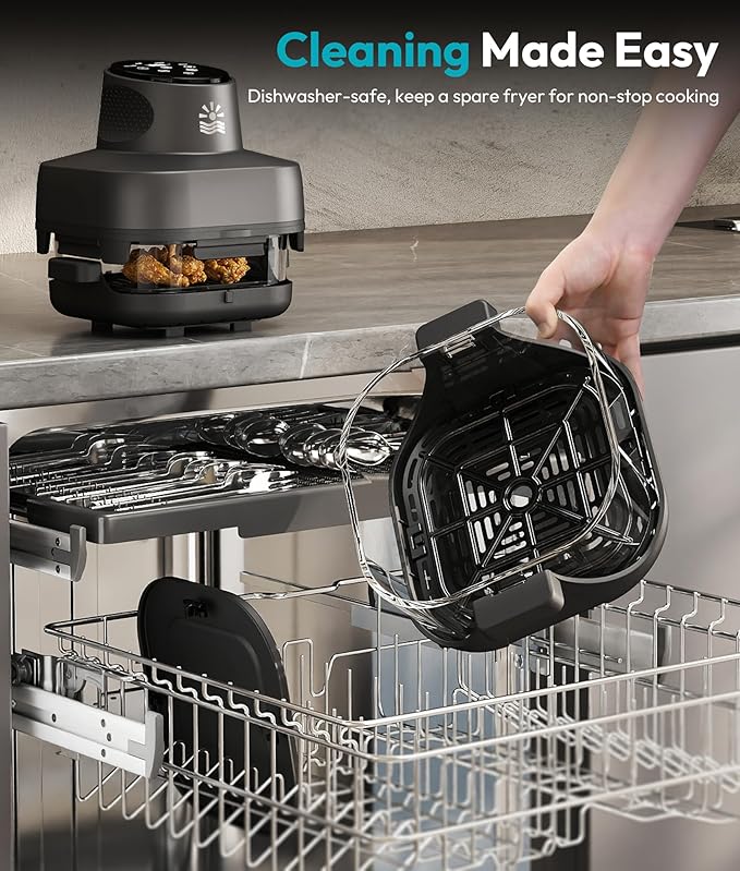 4-in-1 Portable Glass Air Fryer - 1500W, 4.2QT & 6 Cup Dual Containers, 140°F–400°F Temp Range, Microwave, Freezer & Dishwasher Safe, Grey