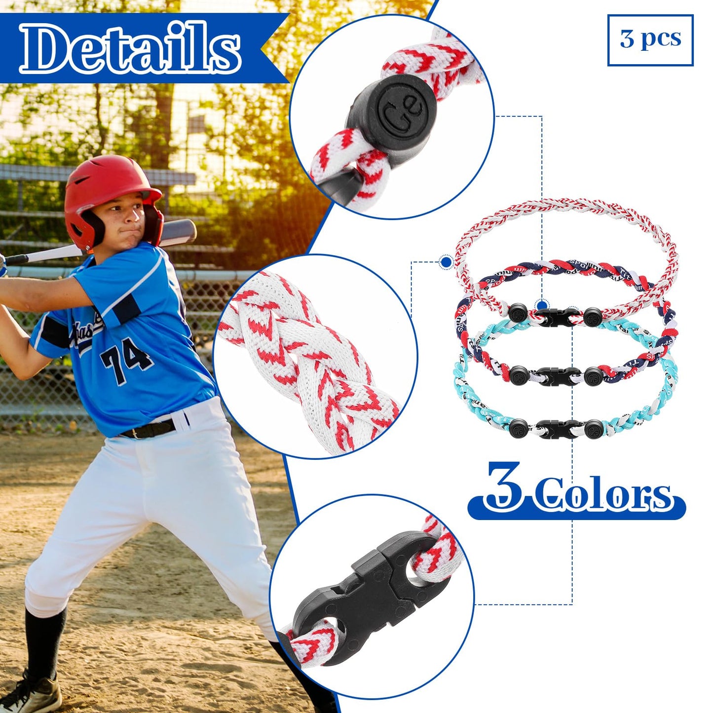 Junkin 3 Pcs Baseball Necklaces Three Braided Rope Titanium Necklace for Team Gifts Boys Men Player Softball Fans Sports (Simple
