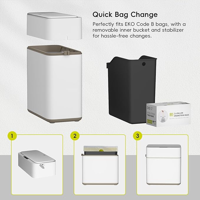 EKO Automatic Bathroom Trash Can with Lid, 2.1 Gallon Touchless Garbage Bin with Removable Bucket, Slim Stainless Steel Garbage Bin, Motion Sensor Trash Can for Bathroom, Bedroom, Office, White