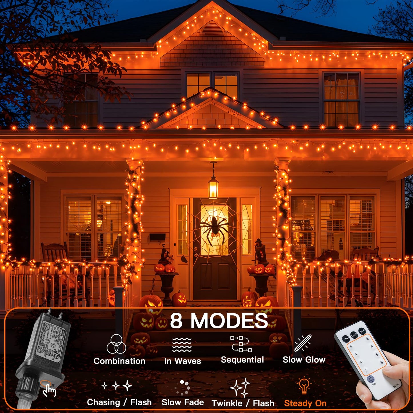suddus Orange String Lights Outdoor 100 LED Connectable 33ft Waterproof Remote Fairy Lights for Decor