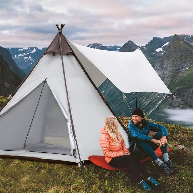 Waterproof 3-4 Person Camping Tent with Awning, Pyramid Teepee Tents for Family, 3 Season Anti-UV Weatherproof, Roomy Tipi Tent for Family Camping, Outdoor, Backpacking, Hiking