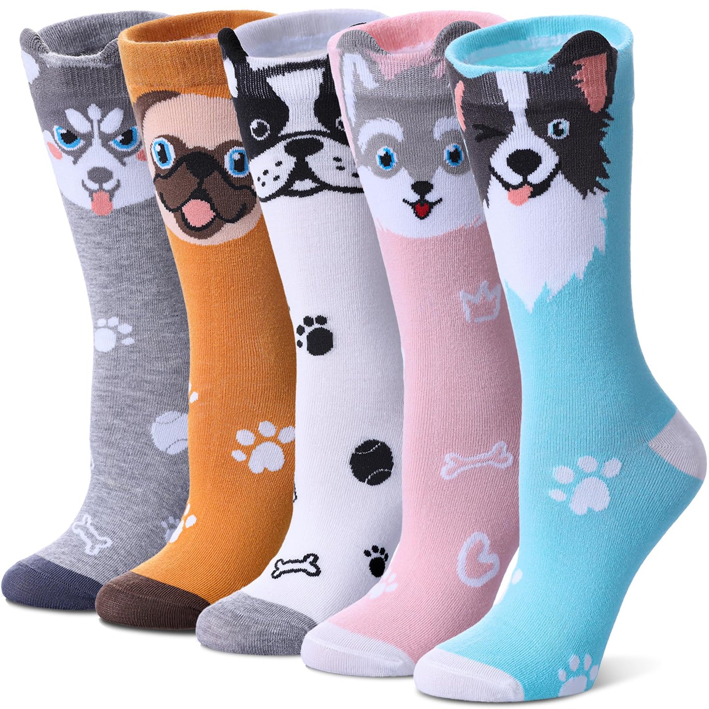 SDBING Womens Cat Socks Cute Gifts Animal Soft Breathable Thin Cotton Casual Crew Socks 5 Pairs (Dog, 6-10)