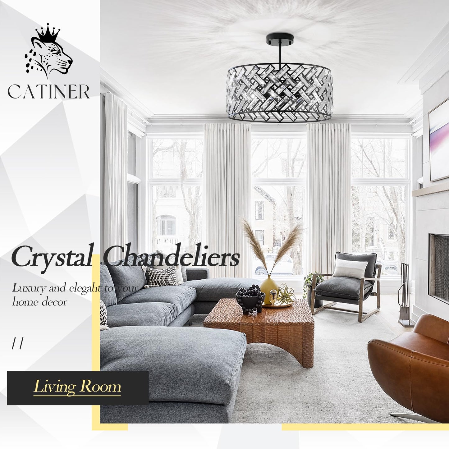 Catiner Black Modern 18 Crystal Chandelier, 6-Light Semi Flush Mount, Metal Drum Shade For Kitchen, Dining Room, Bedroom, Hallway
