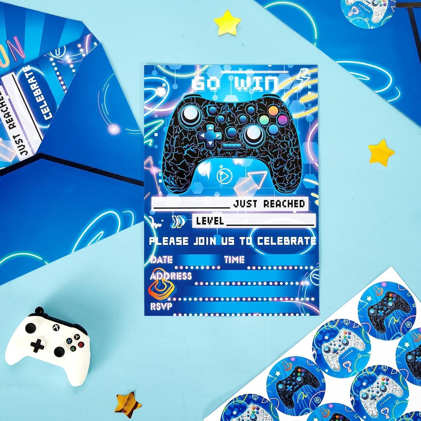 WERNNSAI Video Game Party Invitation - 24 Set Fill-in Blue Gaming Birthday Invitation Cards with Envelopes Sticker for Boys Kids Double-Sided Printed Game On Invitations for Celebration Party Supplies