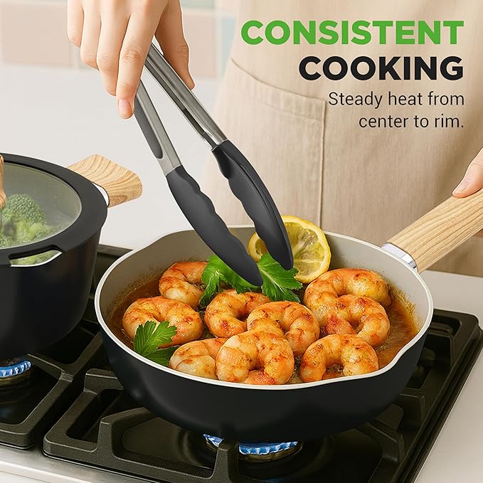 NutriChef 14-Piece Non-Stick Ceramic Cookware Set - Induction Safe Pots and Pans with Glass Lids, Cool-Touch Handles, Even Heat Distribution, Dishwasher Safe, Includes Ladle, Tong, Spatula (Black)