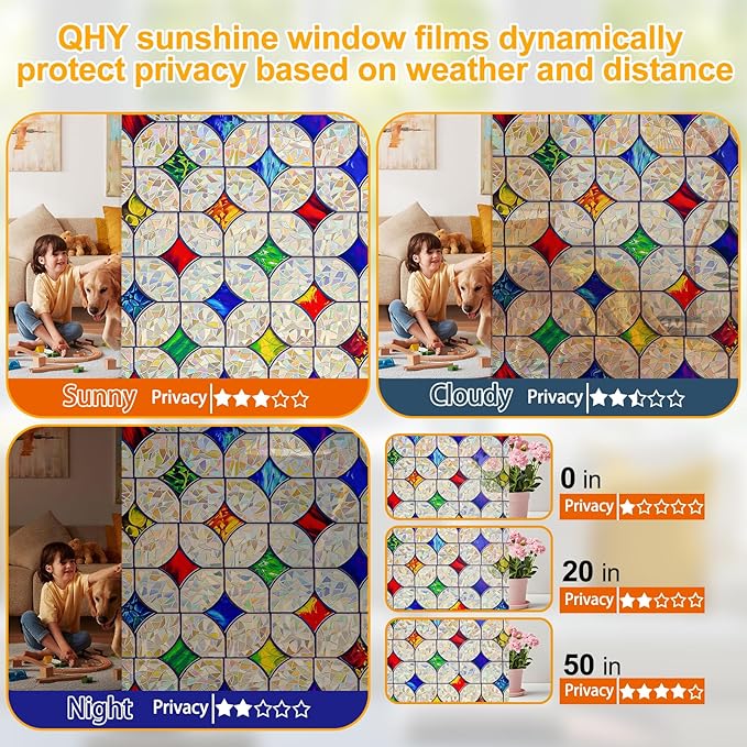 QHY Sunshine Colorful Rainbow Stained Glass Window Film Non-Adhesive Window Privacy Film Reusable Decorative for Room (Rainbow Mosaic, 17.5 X 78.7 in)