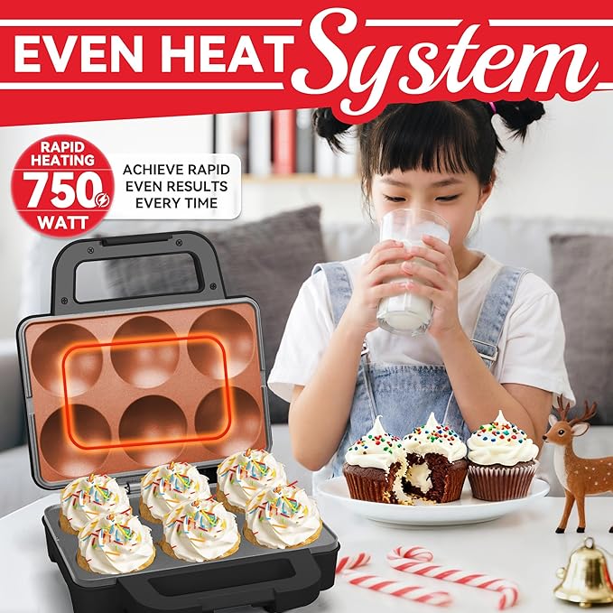 6-Count Cupcake Maker Machine, Bakes 6 X 2.5 Inch Cupcakes, Muffins, Pizza Cups, Cinnamon Buns, Cool-touch Handle, Non-stick Coating, Recipe Included, Graphite