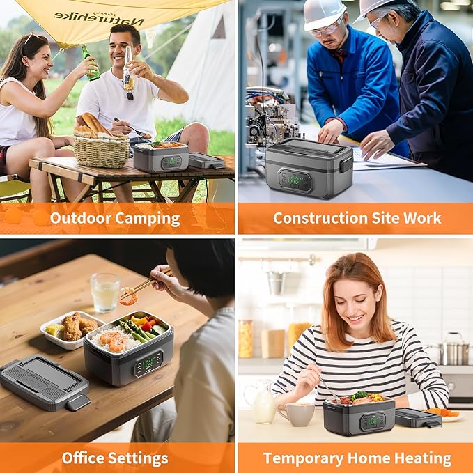 VVU&CCO Portable Electric Lunch Box for Adults with Timer,Rechargeable Self Heating Lunch Box for Men with 1.6L SS Container,24,000mAh Battery Powered, Convenient for Work/Travel/Camping
