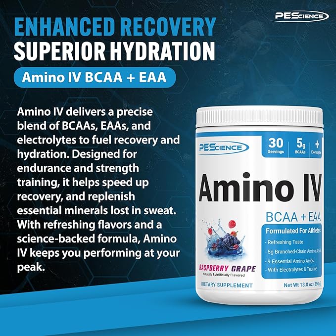 PEScience Amino IV BCAA & EAA Powder, Raspberry Grape, 60 Scoop, Essential Amino Acids, Taurine, Electrolytes for Hydration and Muscle Recovery, Sugar Free for Men & Women, Post Workout