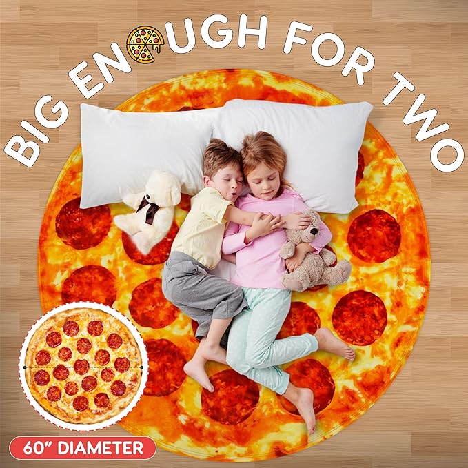 Zulay Giant Double Sided Pepperoni Pizza with Pizza Box Gift Packaging - Novelty Blanket for Adults & Kids - Soft Flannel Round Pepperoni Blanket for Indoors, Outdoors, Travel, Home - 60 Inches