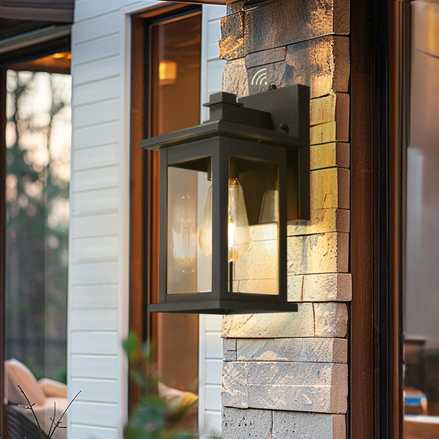 Emliviar Outdoor Porch Light with Photocell Sensor, Matte Black, Clear Glass, Aluminum, Medium Size, Model 1803EW1-PC-2PK BK