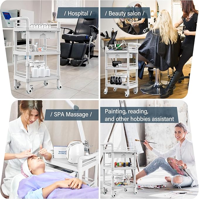 Beauty Salon Trolley Cart, Esthetician Cart with Wheels & Bucket and 1 Big Drawer, 3 Tier Heavy Duty SPA, Load 330lbs, 360° Rotate Silent Wheels for Beauty Salon SPA Hospital Office Lab