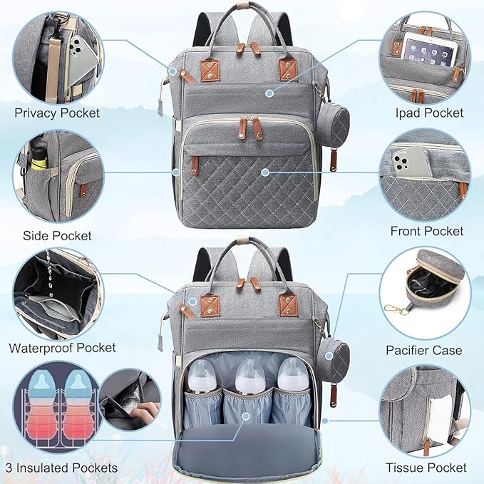 Diaper Bag Backpack Baby Bag, Baby Girl Boy Diaper Bag for Dad Mom with Pad, 16 Pockets, Pacifier Case, Large Diaper Bags Unisex for Travel (Grey)