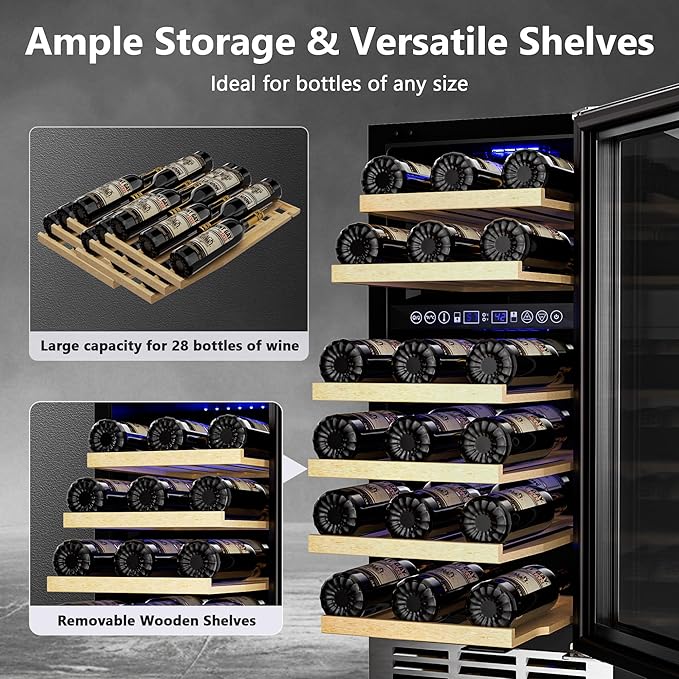 15 Inch Dual Zone Wine Fridge, 28 Bottles Under Counter Wine Refrigerator, with Removable Shelves, Double-Layer Glass Door, Wine Cooler for Built-In or Freestanding, for Home/Commercial
