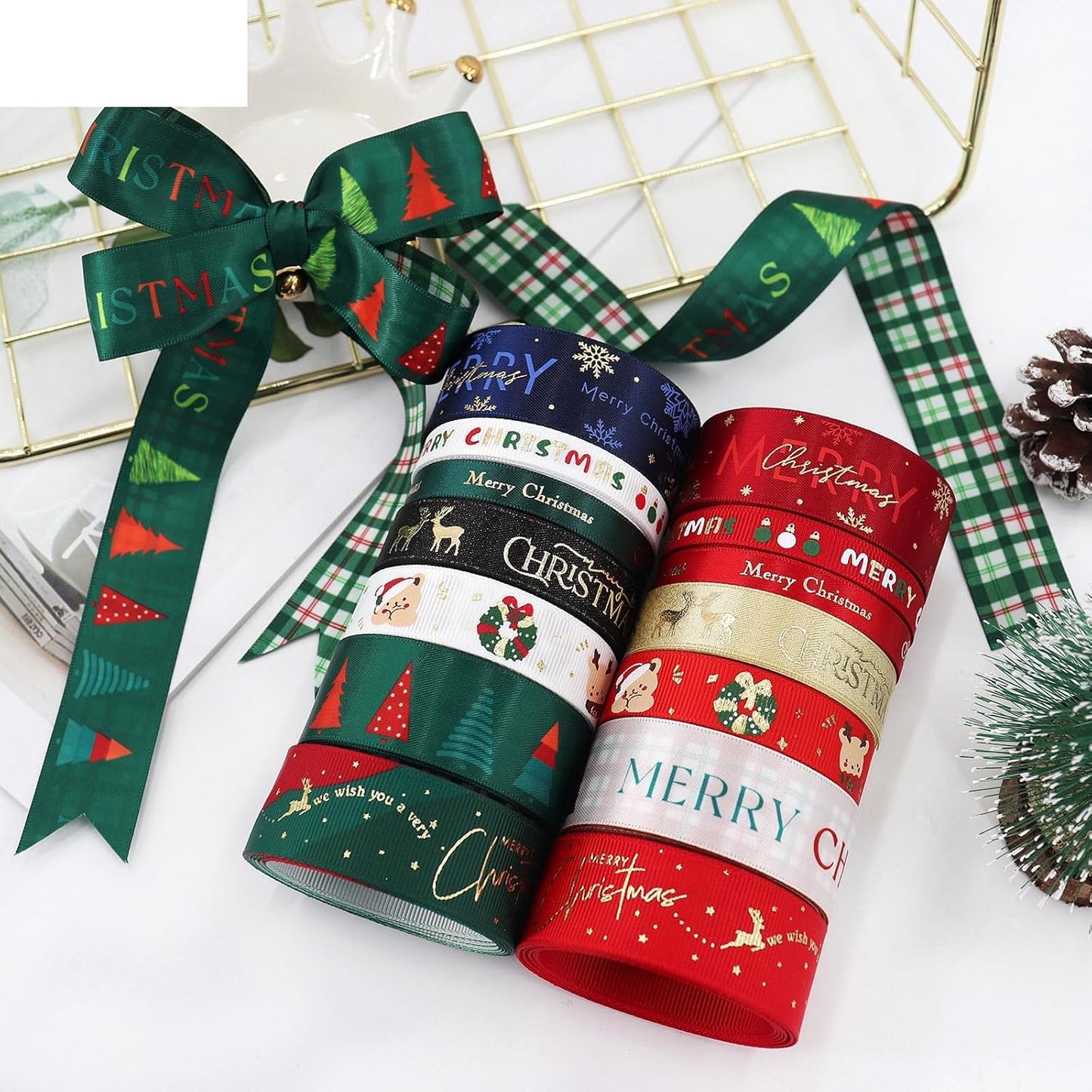 Christmas Gift Wrapping Ribbon, Red, Green, 2 Rolls Printed Grosgrain Ribbons for Crafts, Floral Bouquets, Sewing, Party and Festive Holiday Decor (2 Rolls(Green/White), 1 Rolls=1in * 5Yards)