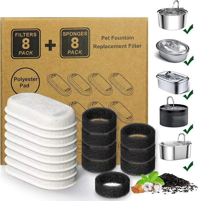 Cat Water Fountain Filter,16 Pack Cat Fountain Replacement Filters for Stainless Steel 67oz/2L Adjustable Water Flow Pet W...