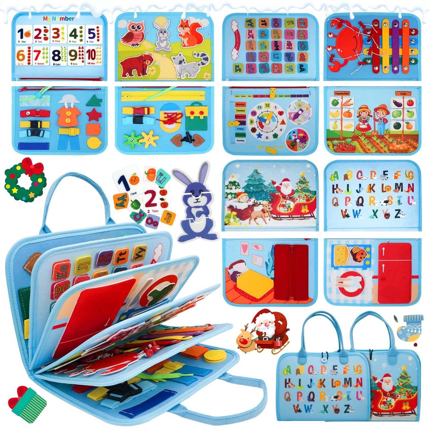 MEGRANATE Montessori Busy Board, Baby Busy Book Educational Learning Toys for Toddlers Quiet Book Activity Books Buckle Toy Fine Motor Skills Toys for 1 2 3 4 5 Year Old Kids (Blue)