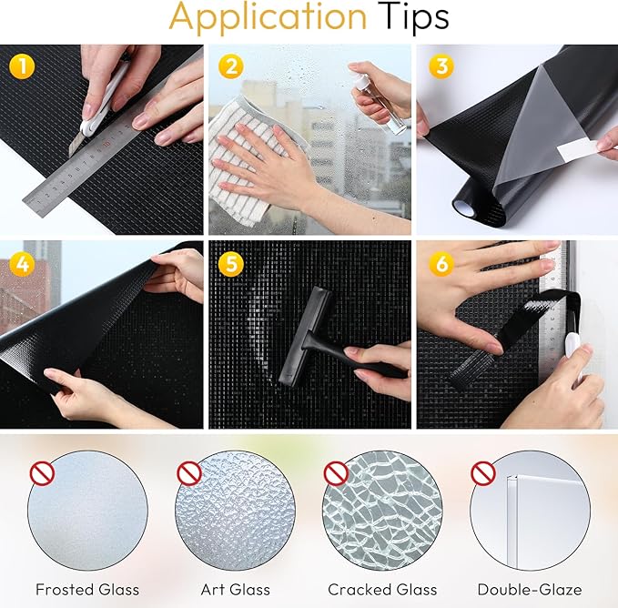 rabbitgoo Window Privacy Film Blackout Mosaic Static Cling Decorative, Removable Rainbow Window Film, Non-Adhesive Heat Control UV Blocking for Bathroom, 35.4 x 157.4 inches Black