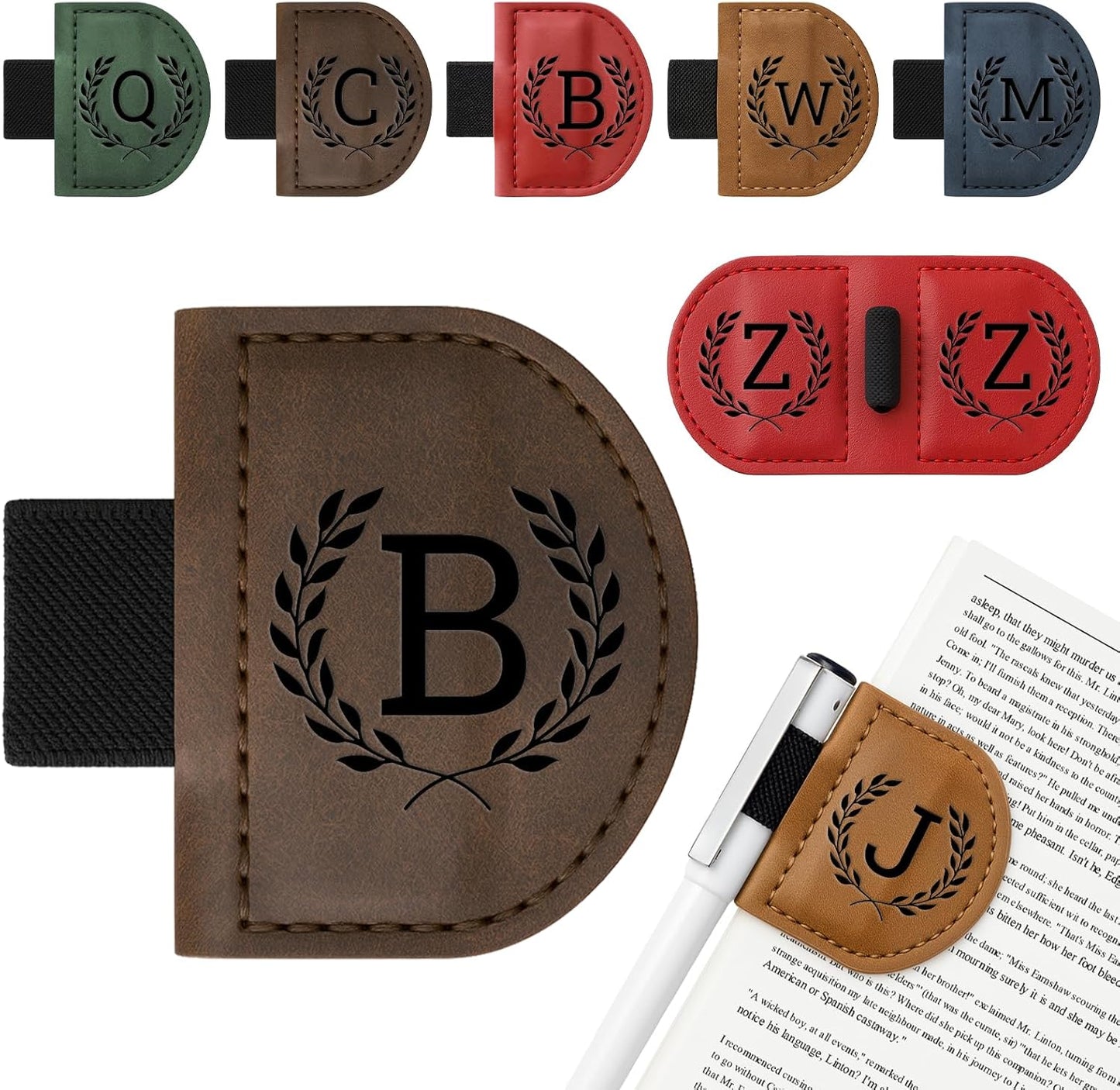 Personalized Bygone Mark Bookmark with Pen Holder,Engraving Leather Magnetic Bookmarks Vintage 26 Letters Name Initials Text Book Marker Clips Gifts for Reading Book Lovers Women (Coffee, B)