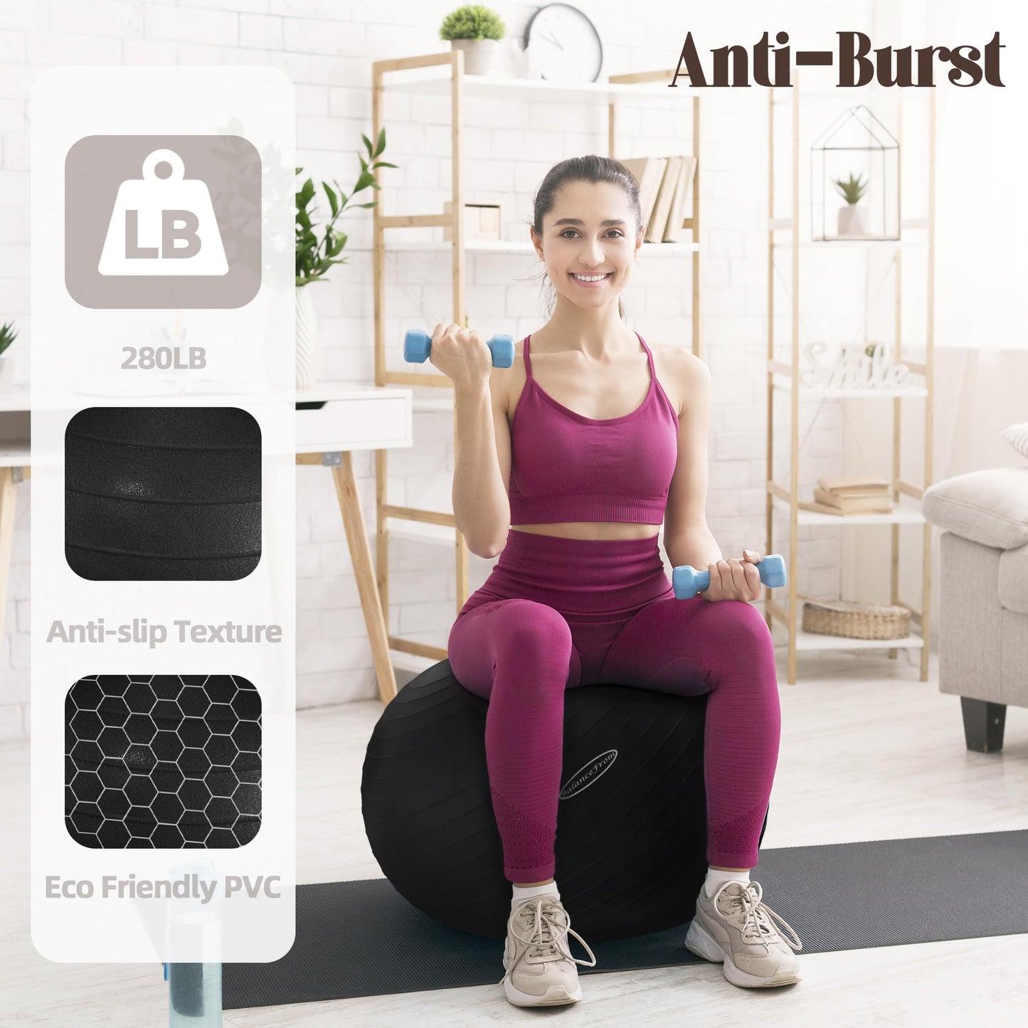 Fitvids Anti-Burst and Slip Resistant Exercise Ball Yoga Ball Fitness Ball Birthing Ball with Quick Pump, 2,000-Pound Capacity, Black, 18-inch, S