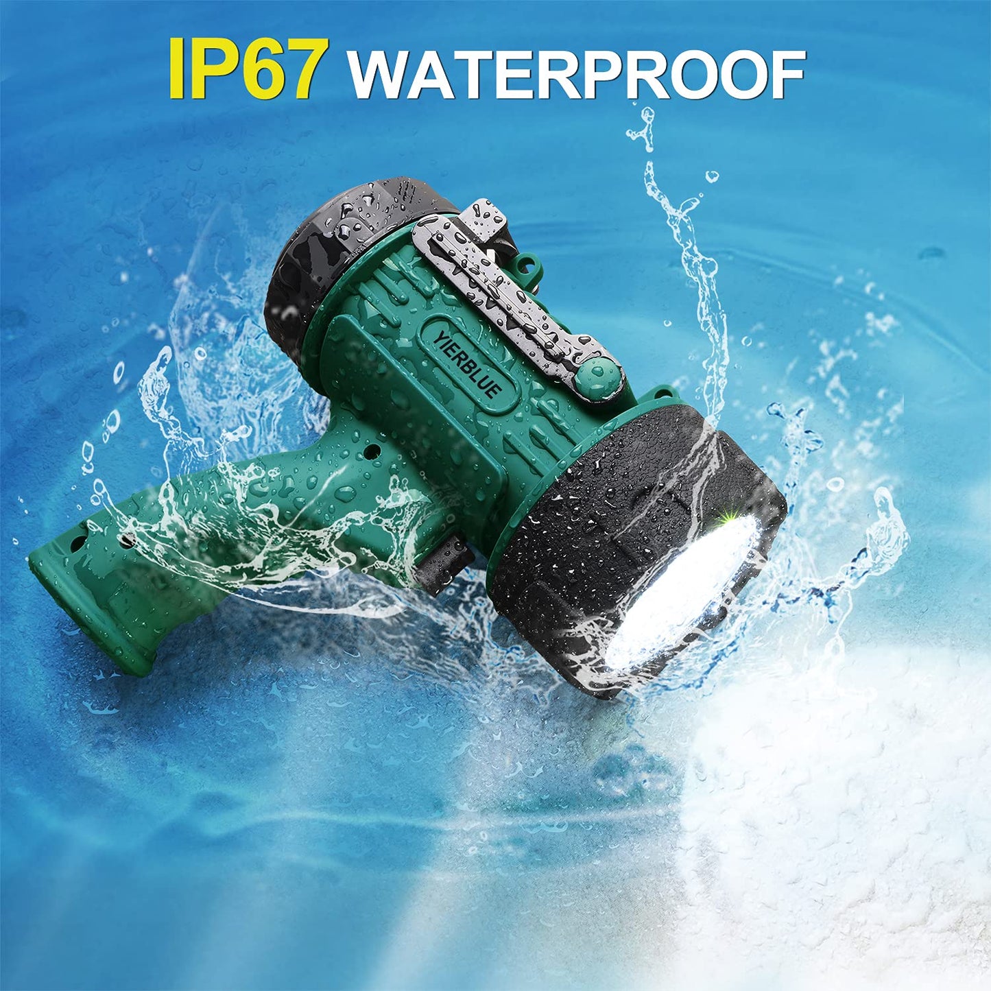 YIERBLUE Rechargeable Spotlight Flashlight 100000 High Lumen LED 20Hrs Runtime 10000mAh Power Bank IP67 Waterproof Green-L Model F-010