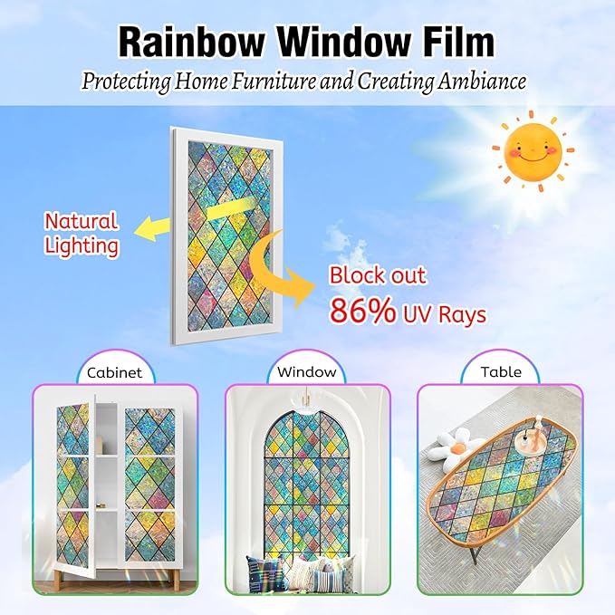 QHY Sunshine Colorful Rainbow Stained Glass Window Film Non-Adhesive Window Privacy Film Reusable Decorative for Room (Chequered Rainbow, 35.4 X 78.7 in)